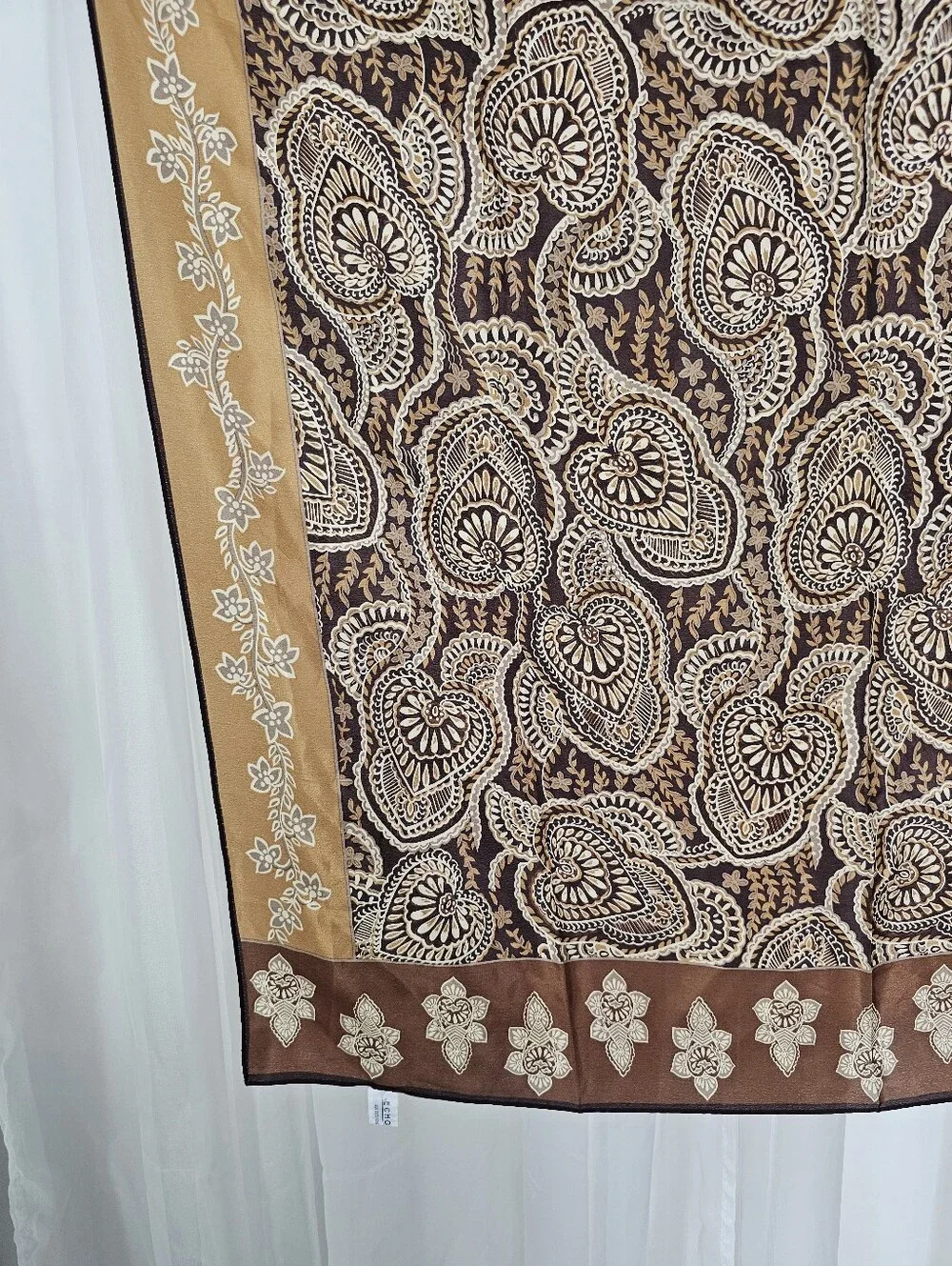 Echo 100% Silk Square Scarf Brown Tan Floral Paisley Boho Neck Hair Bag
